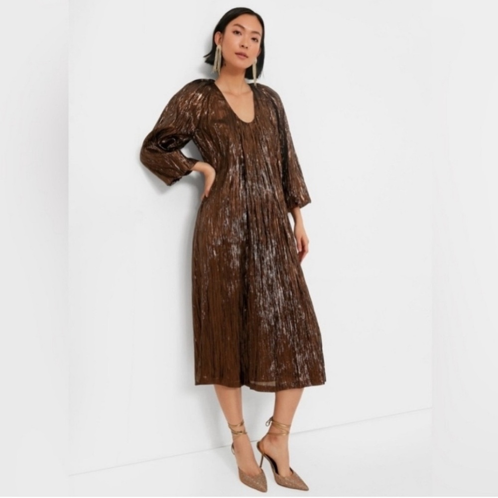 Tuckernuck Hyacinth House Brown Metallic Pleated Dress *NWT*
